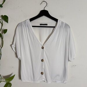 Abercrombie and Fitch White Cropped Batwing Button V -Neck Blouse